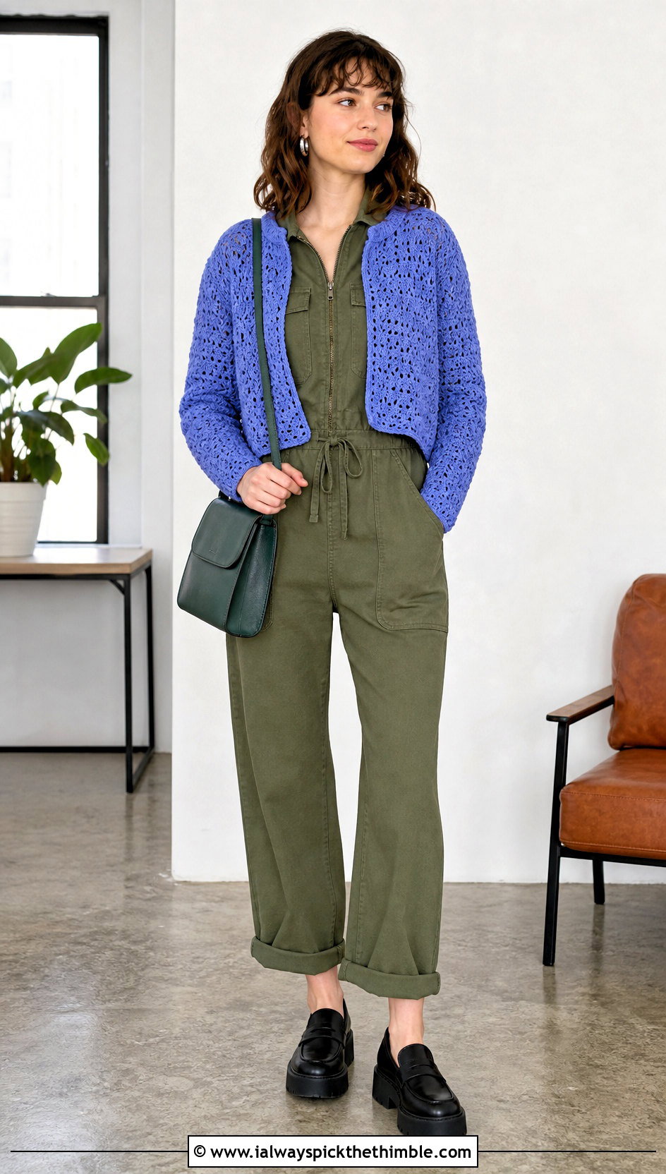 Open Front Crop Crochet Cardigan With Utility Jumpsuit - 20 crop crochet cardigan outfit ideas