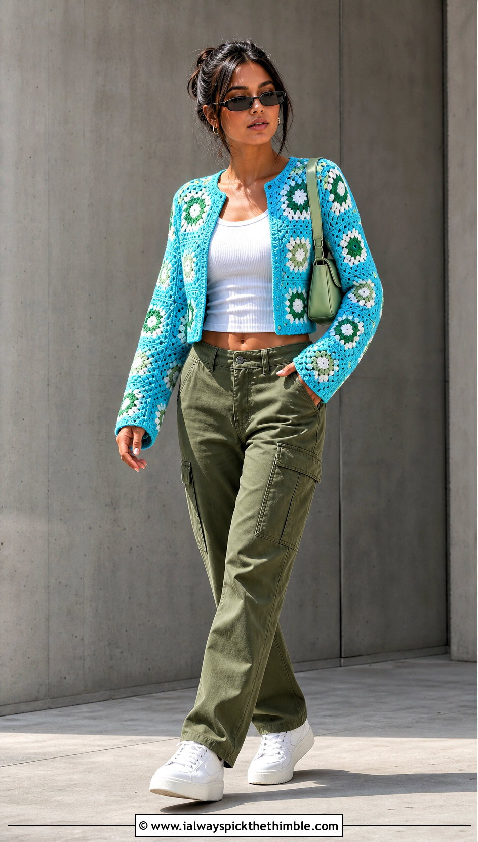 Open Front Cropped Granny Square Cardigan With Cargo Pants - 20 Cropped Granny Square Cardigan outfit ideas