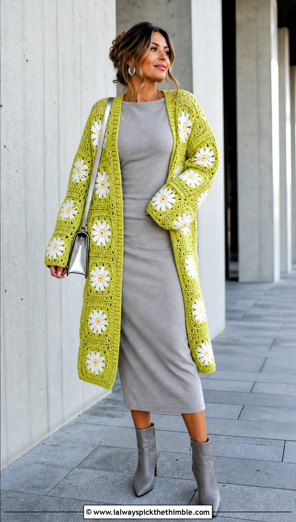 Open Front Daisy Cardigan With Column Dress - 25 Crochet Daisy Cardigan outfit ideas