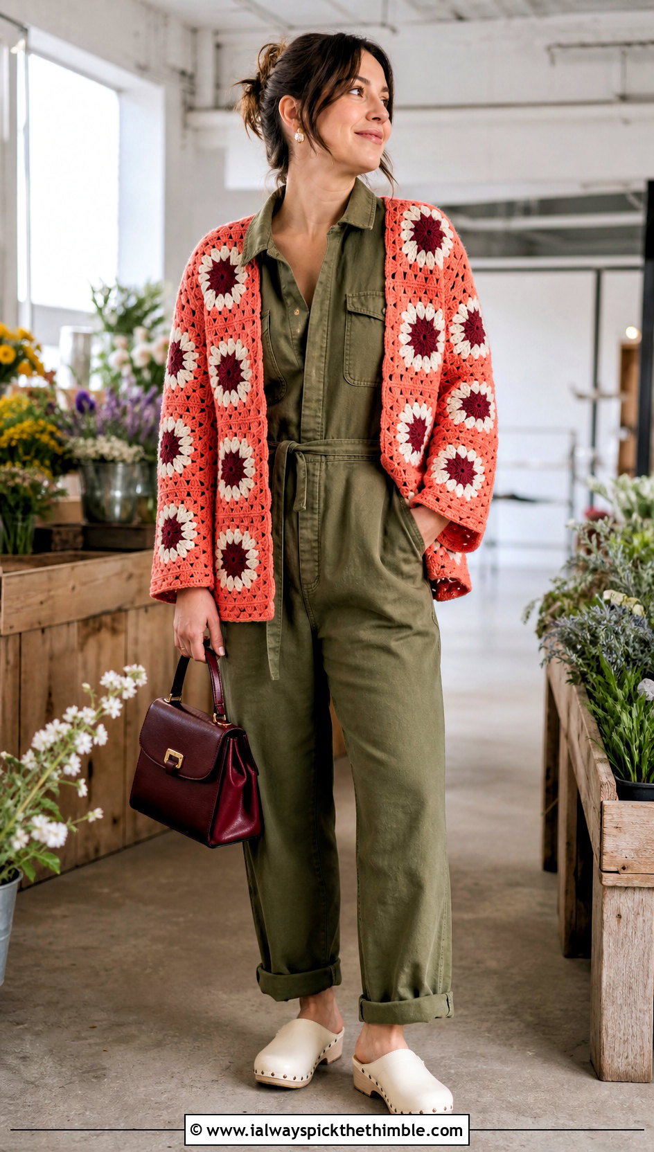 Open Front Daisy Granny Square Cardigan With Utility Jumpsuit - 20 Daisy Granny Square Cardigan outfit ideas