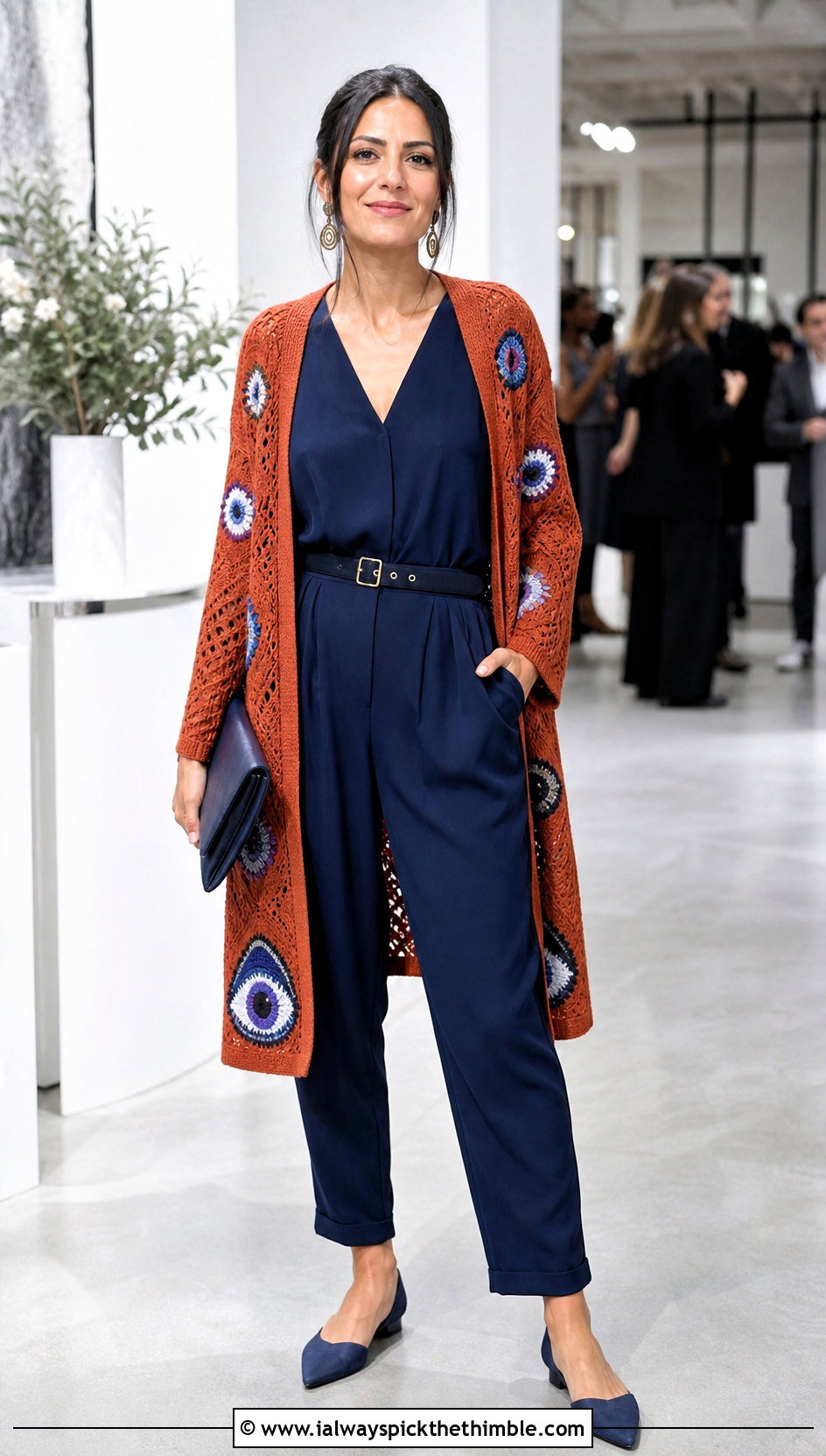 Open Front Evil Eye Cardigan Sweater With Belted Jumpsuit - 20 Evil Eye Crochet Sweater outfit ideas
