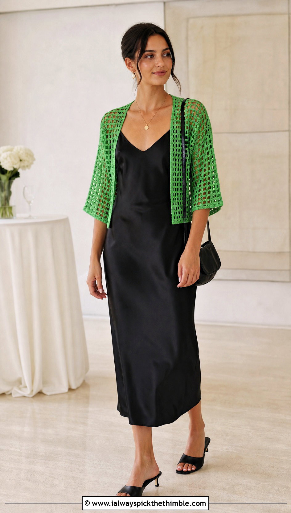 Open Front Filet Shrug With Slip Dress - 25 crochet shrug bolero outfit ideas