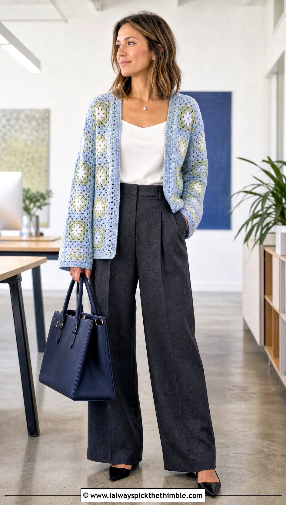 Open Front Flower Granny Square Cardigan With Tailored Trousers - 20 pastel granny square cardigan outfit ideas