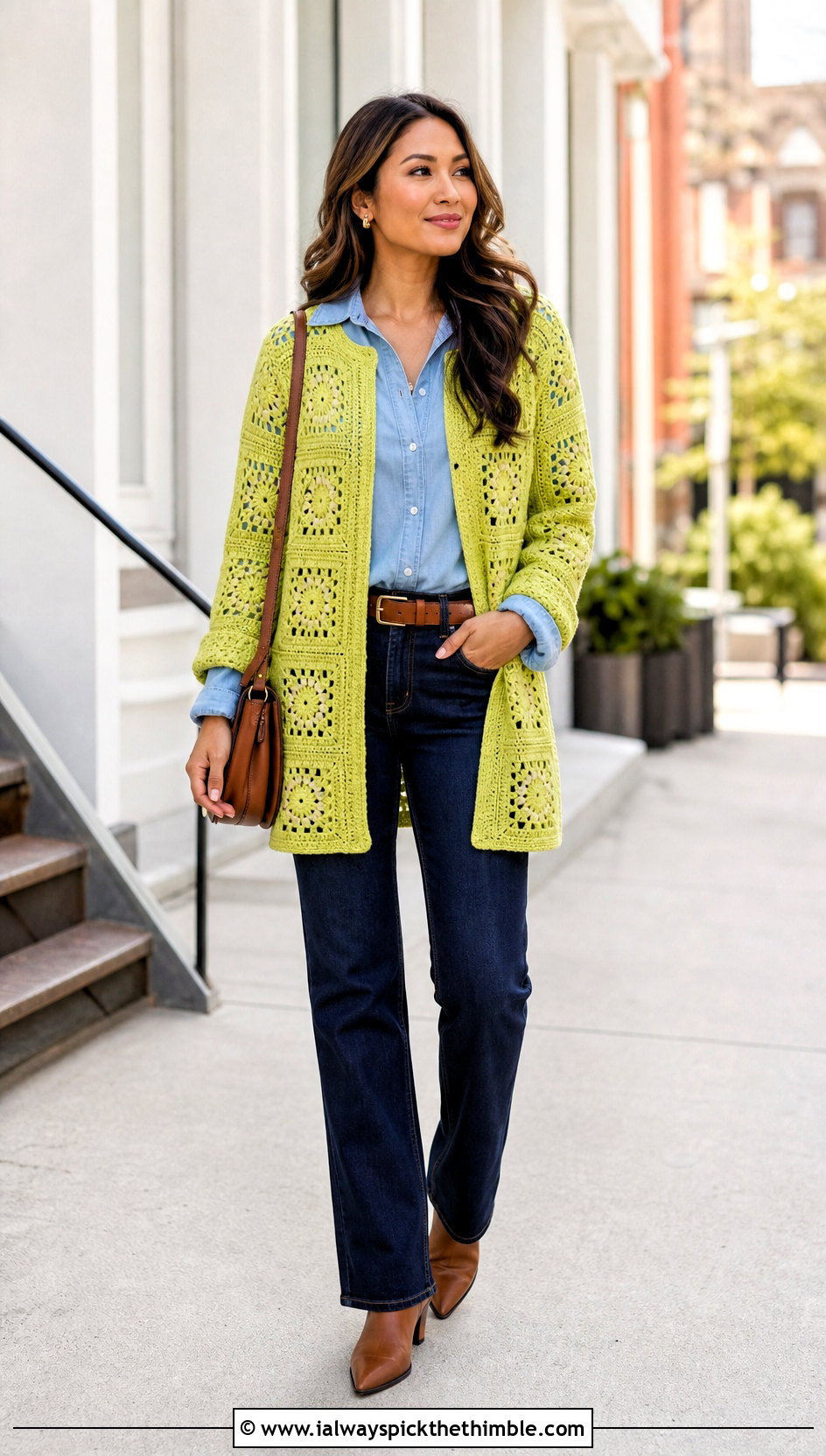 Open Front Granny Crochet Cardigan With Denim Shirt And Trousers - 20 granny crochet sweater outfit ideas