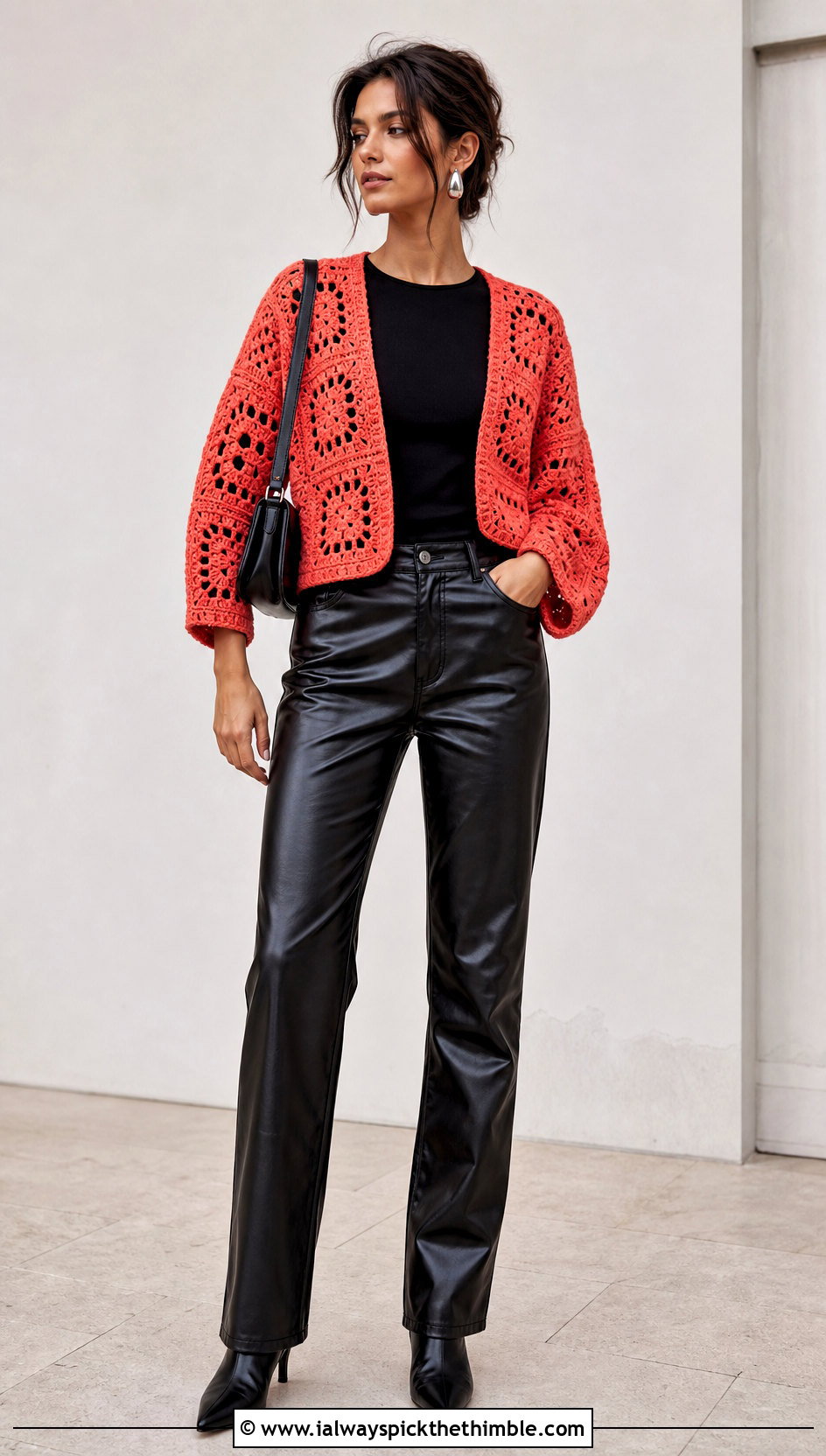 Open Front Granny Square Bolero With Leather Pants - 25 granny square bolero outfit ideas