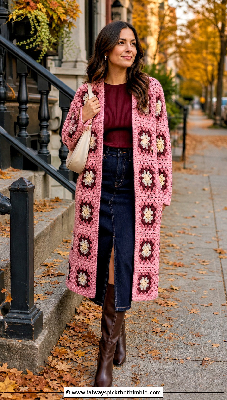 Open Front Granny Square Car Coat With Denim Midi Skirt - 15 Granny Square Car Coat outfit ideas