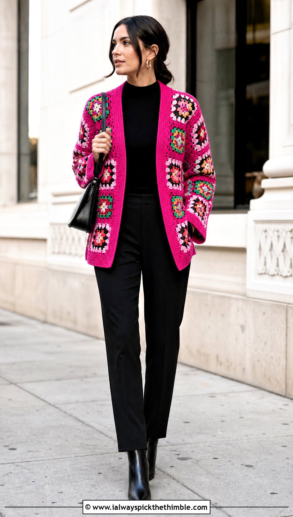 Open Front Granny Square Cardigan With Black Separates - 25 granny square crochet cardigan jacket outfit ideas