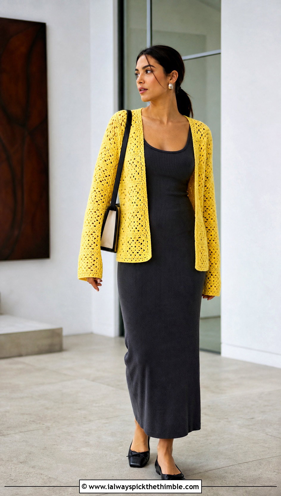 Open Front Granny Square Cardigan With Column Dress - 15 originally lovely granny square cardigan outfit ideas