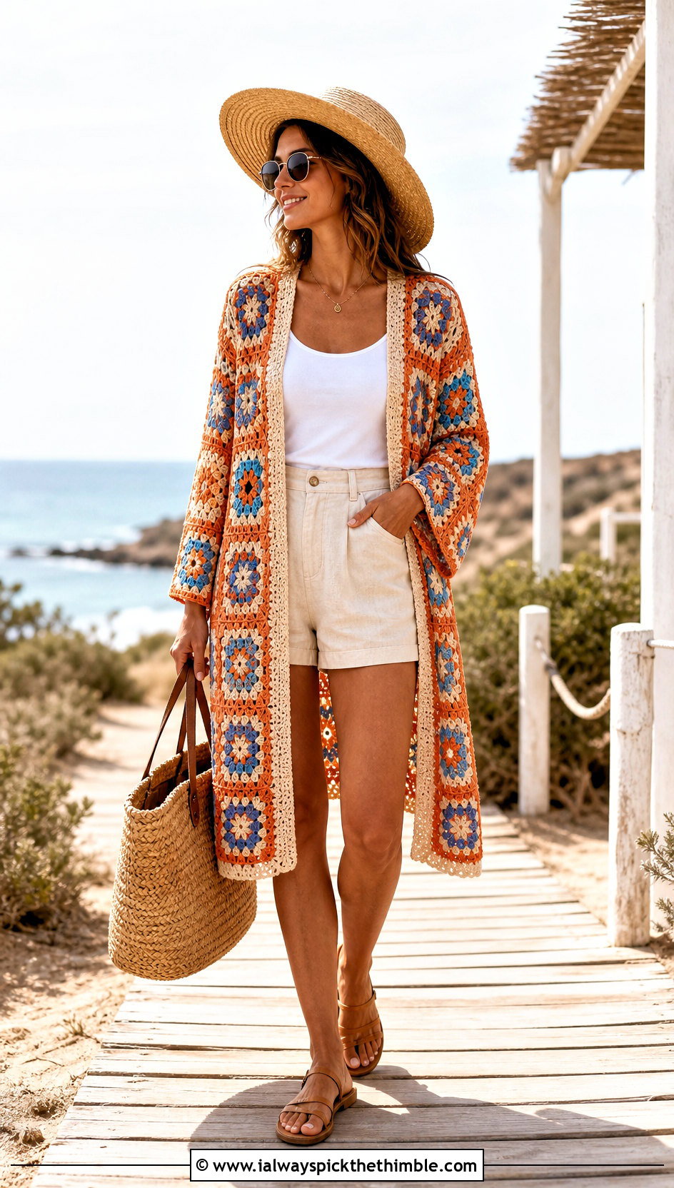Open Front Granny Square Cardigan With Linen Shorts - 15 Womens Granny Square Cardigan outfit ideas