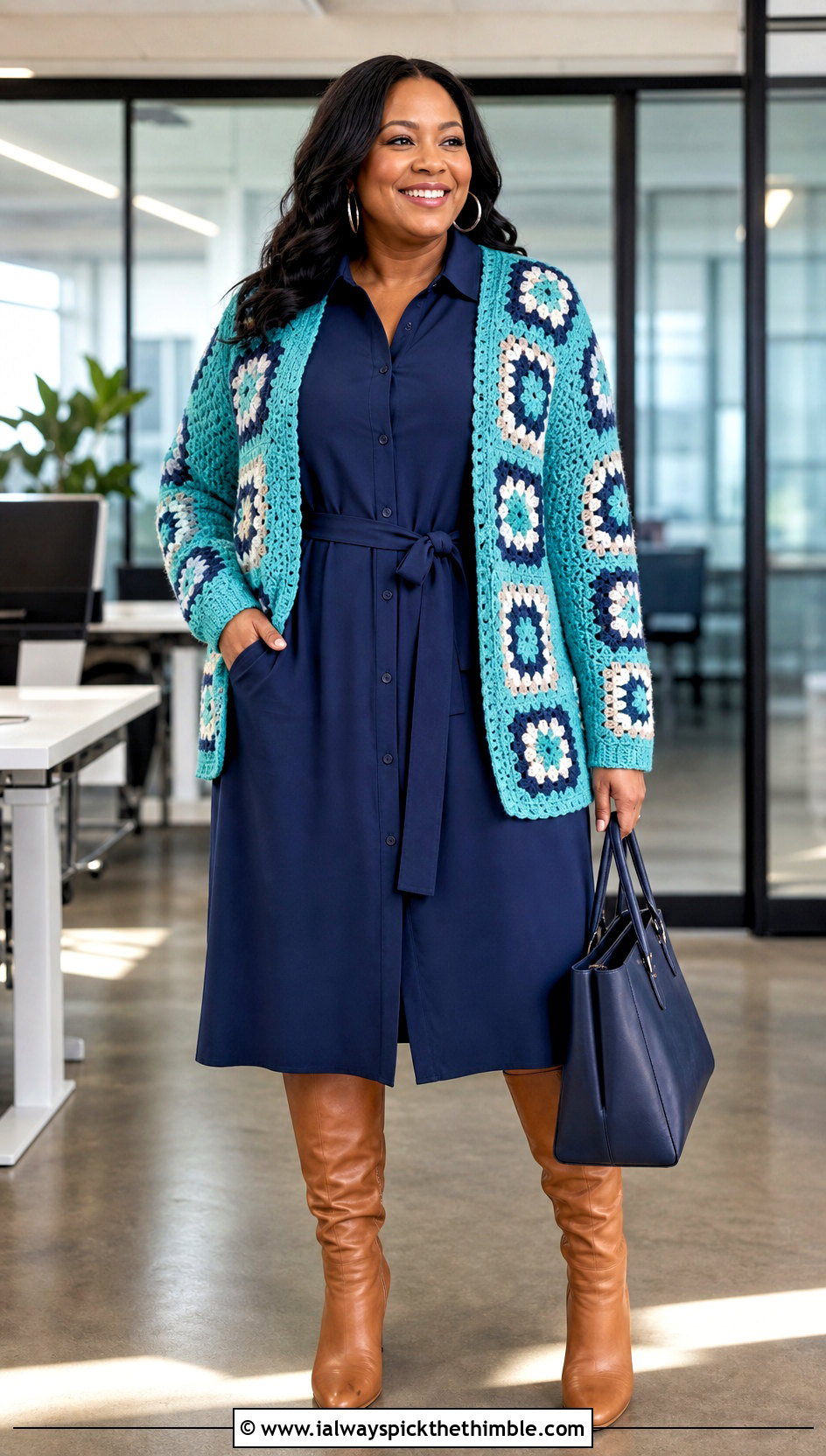 Open Front Granny Square Cardigan With Shirt Dress - 20 plus size crochet granny square cardigan outfit ideas