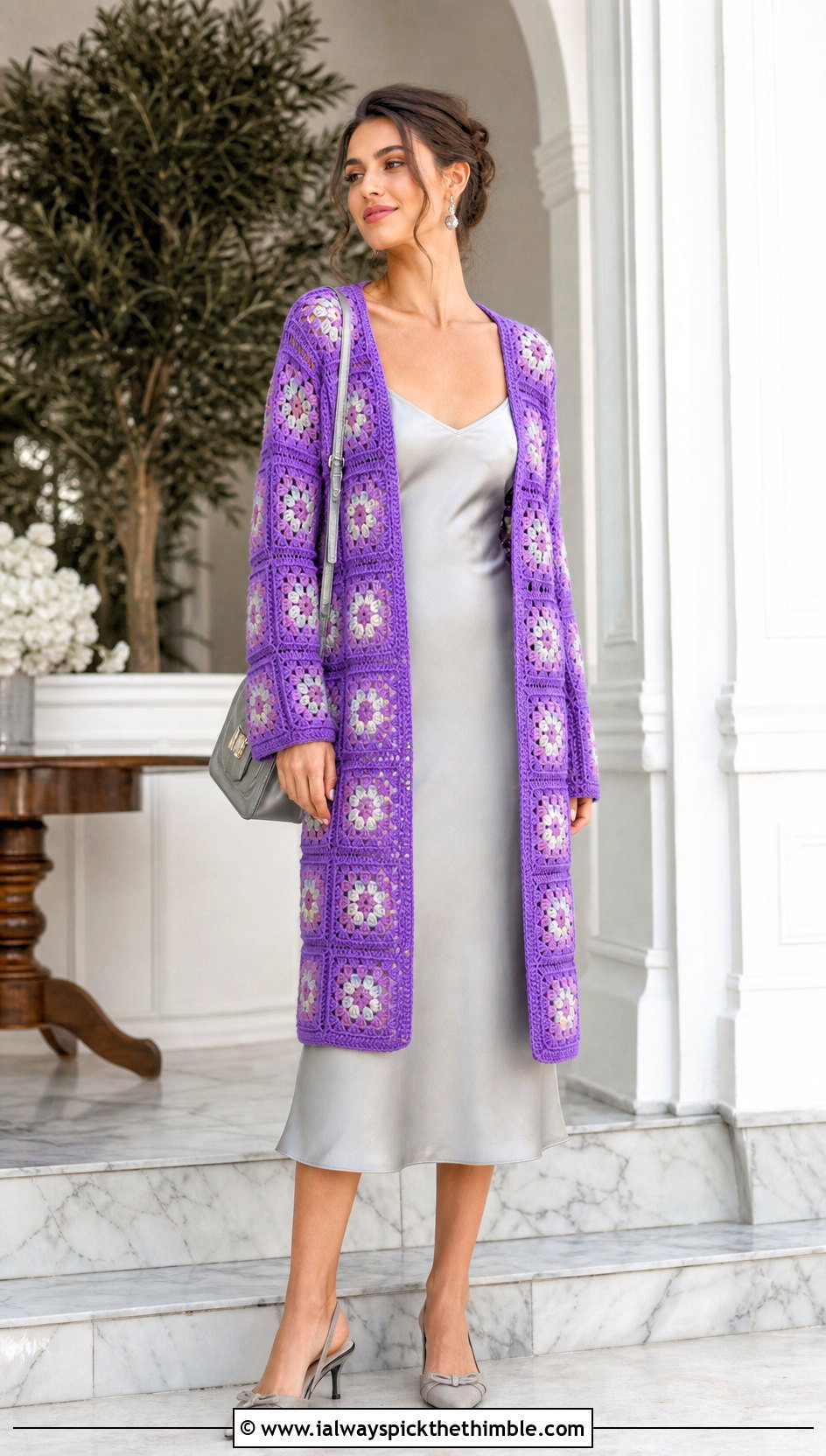 Open Front Granny Square Cardigan With Slip Dress - 20 crochet sweater with granny squares outfit ideas