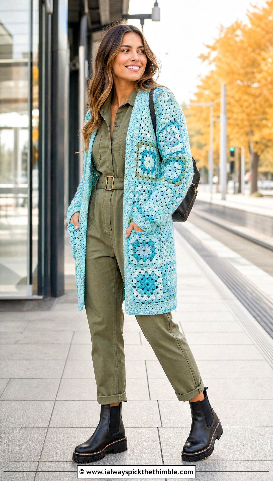 Open Front Granny Square Cardigan With Utility Jumpsuit - 20 Fall Granny Square Sweater outfit ideas