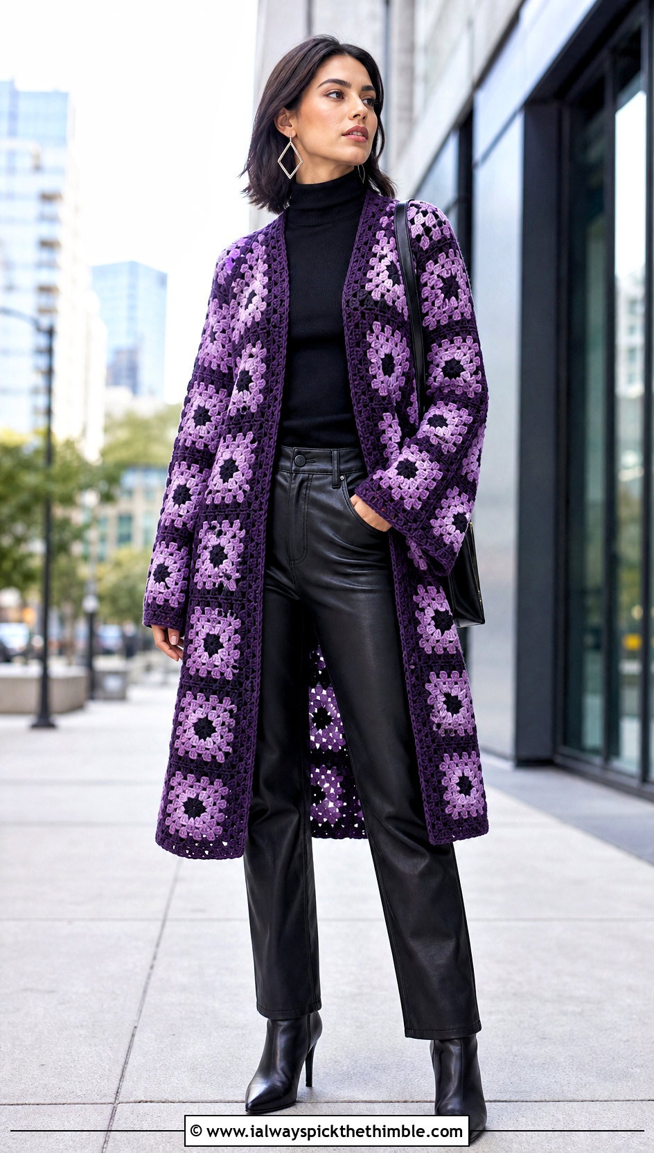 Open Front Granny Square Coat With Leather Pants - 20 crochet granny square coat outfit ideas
