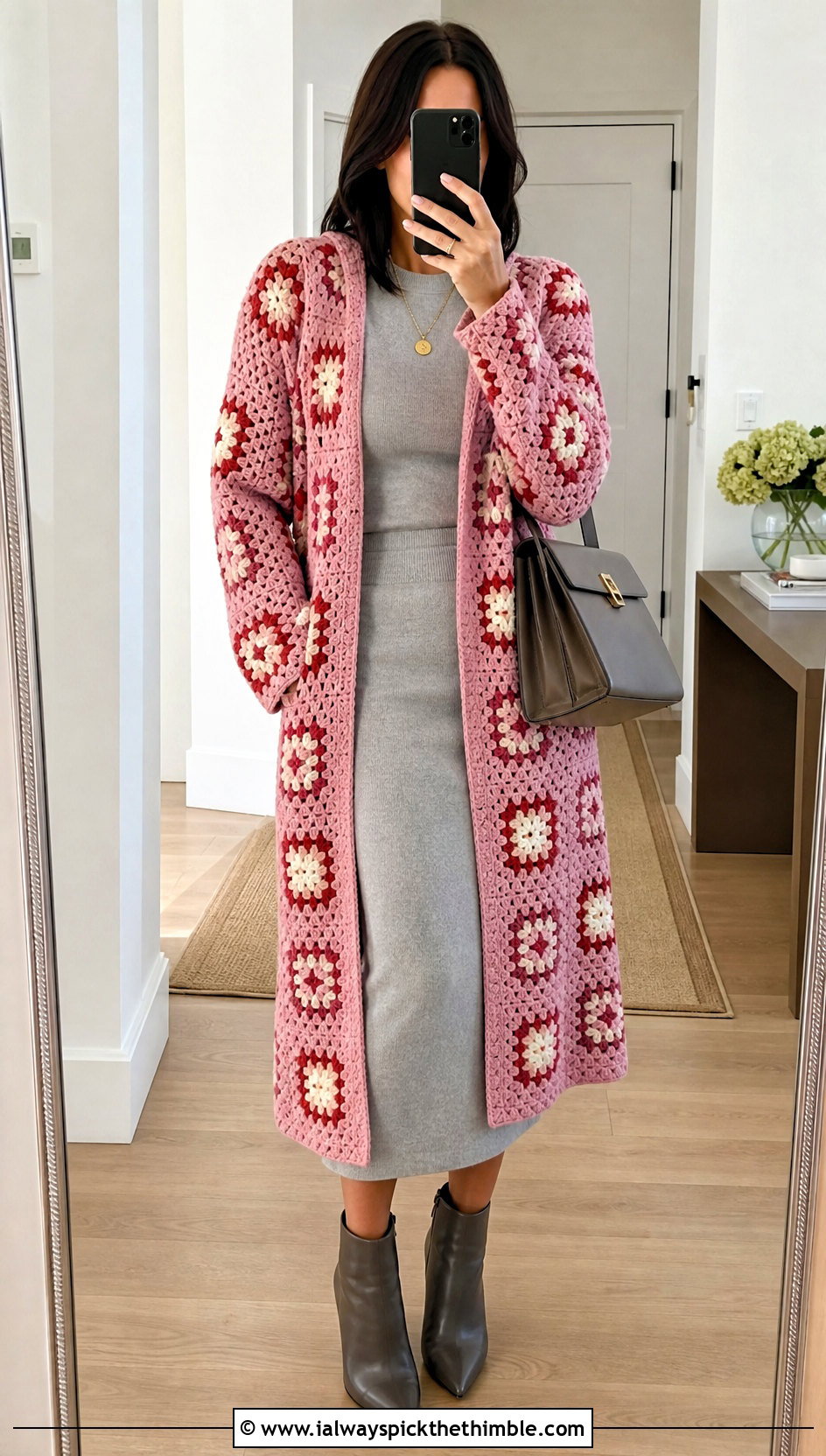 Open Front Granny Square Coat With Sweater Set - 20 granny square coat outfit ideas