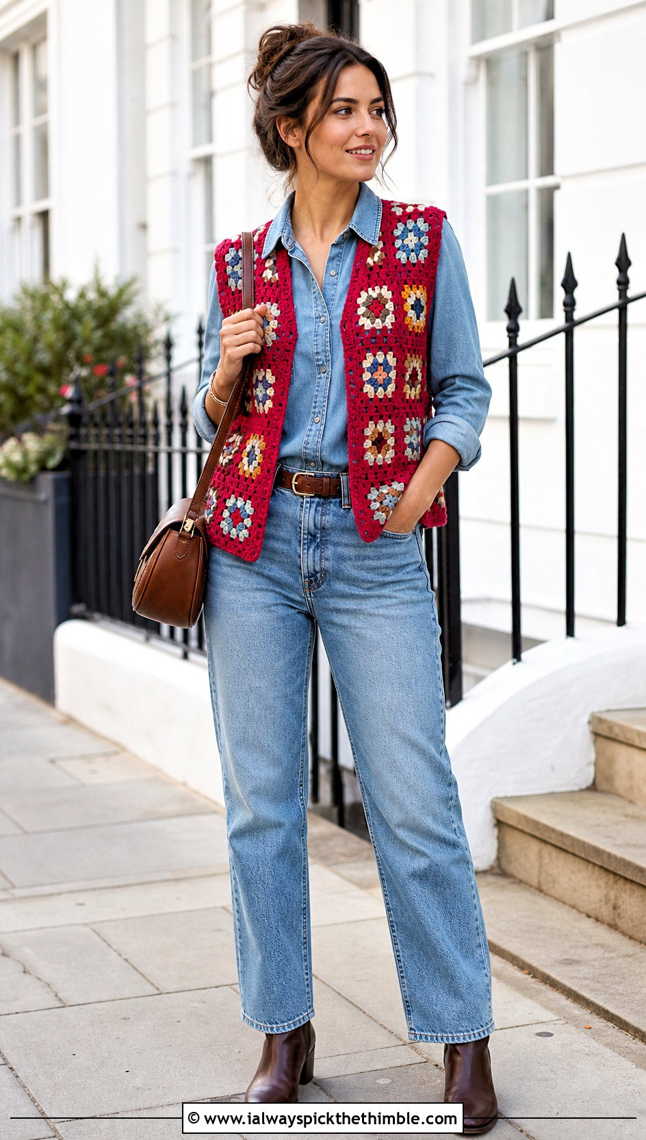 Open Front Granny Square Crochet Vest With Matching Denim - 20 Granny Square Crochet Vest outfit ideas