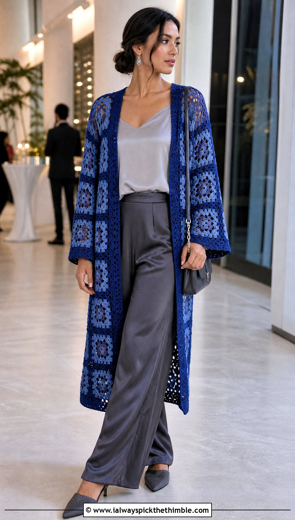 Open Front Granny Square Duster With Satin Pants - 25 granny square duster outfit ideas