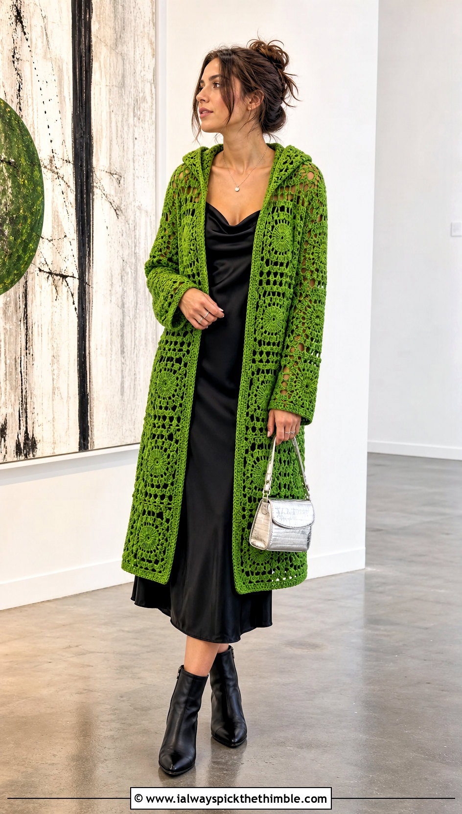 Open Front Granny Square Hooded Cardigan With Slip Dress - 20 Granny Square Hooded Cardigan outfit ideas