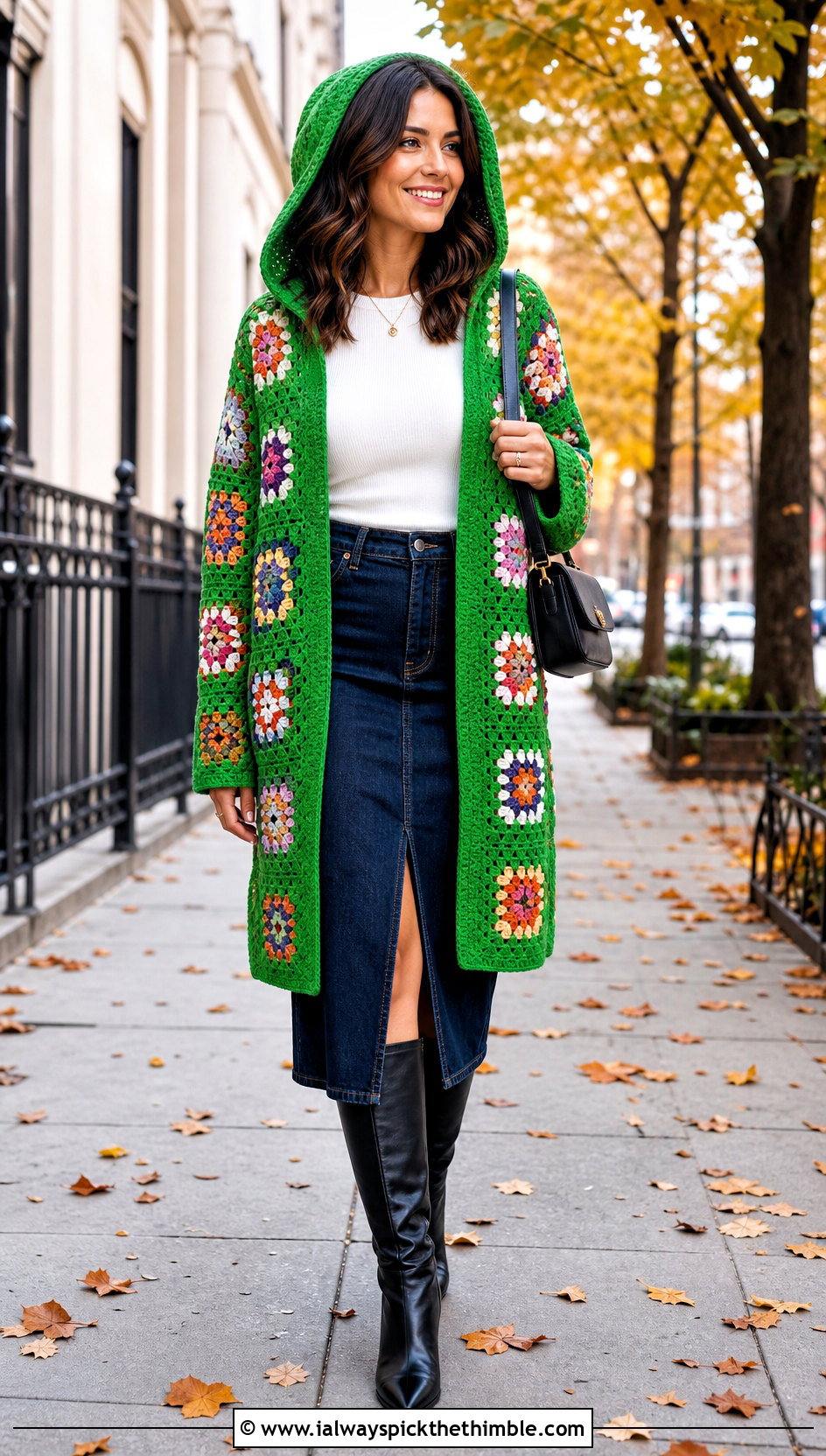 Open Front Granny Square Hooded Jacket With Denim Midi Skirt - 20 Granny Square Hooded Jacket outfit ideas
