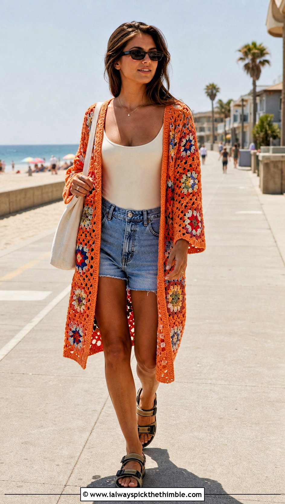 Open Front Granny Square Kimono With Denim Shorts - 15 granny square swim cover up outfit ideas