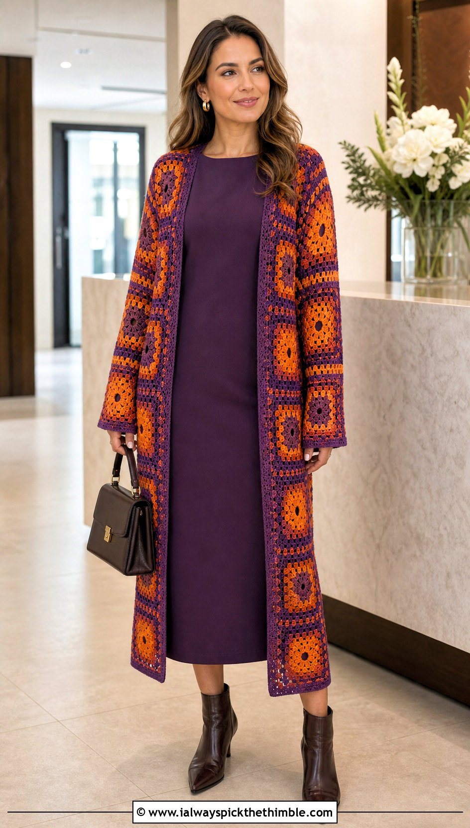 Open Front Granny Square Long Cardigan With Column Dress - 20 granny square long cardigan outfit ideas