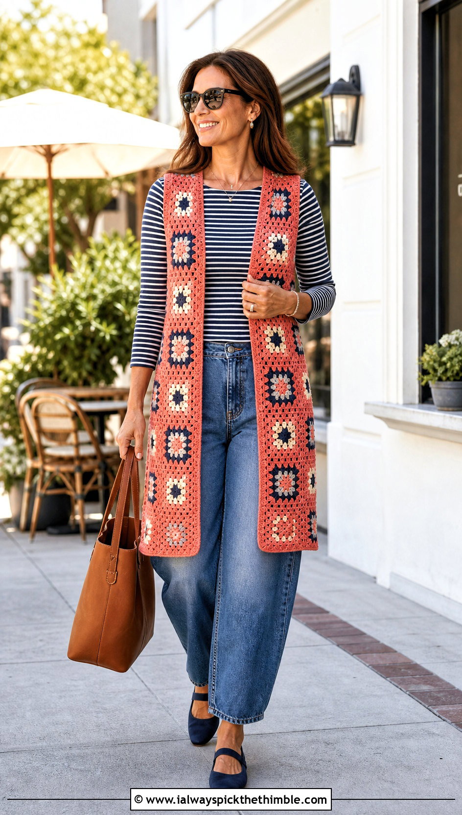 Open Front Granny Square Long Vest With Striped Top And Barrel Jeans - 20 Granny Square Long Vest outfit ideas