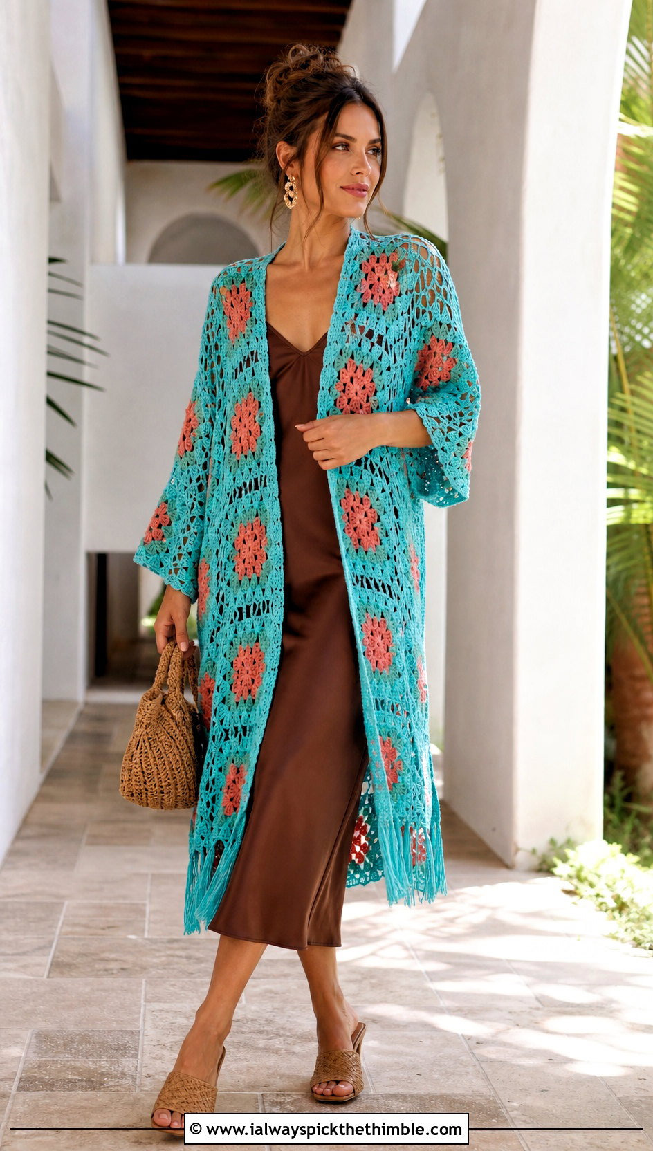 Open Front Granny Square Poncho With Slip Dress - 15 easy granny square poncho outfit ideas