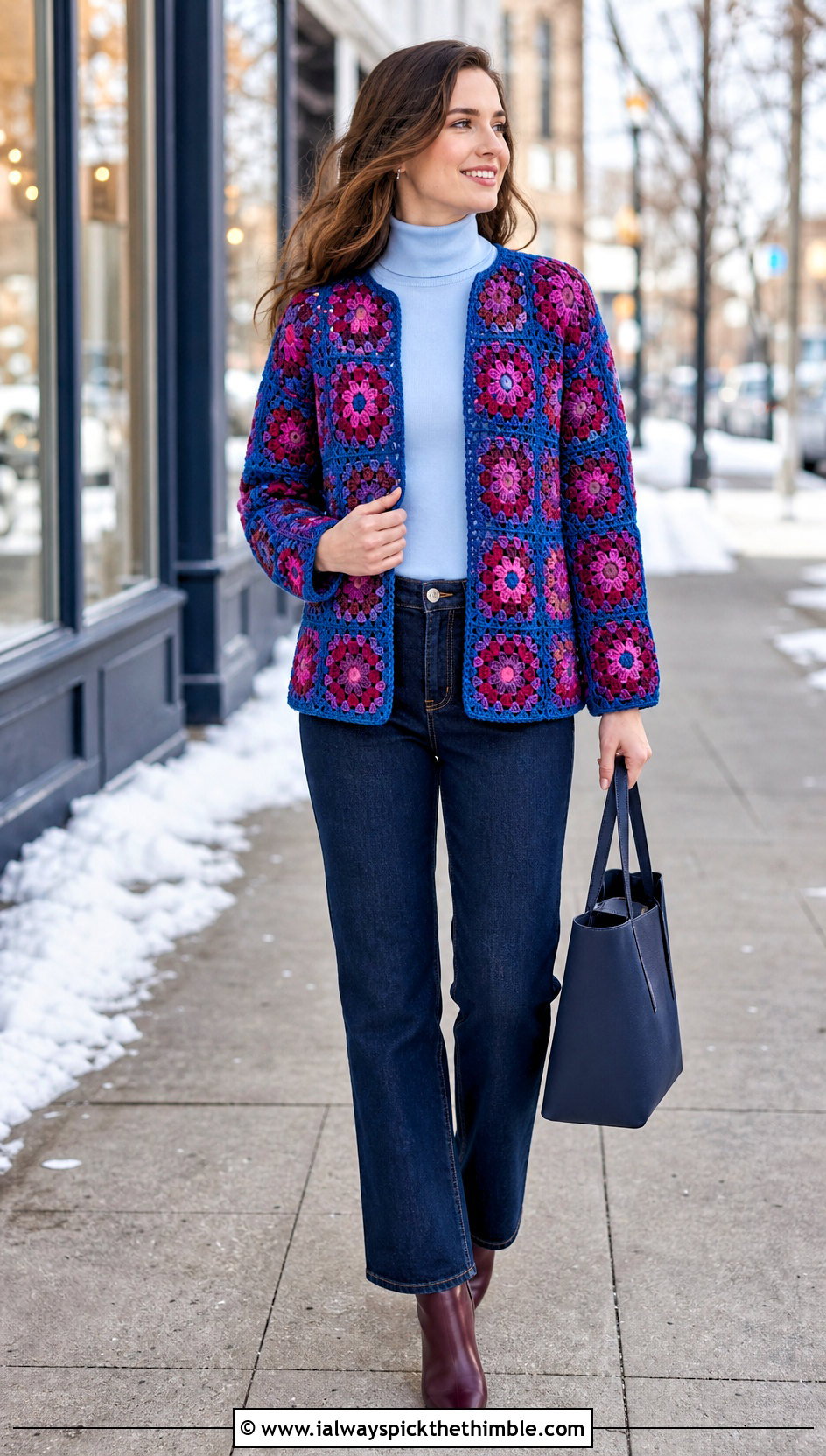 Open Front Granny Square Shirt With Turtleneck And Jeans - 25 granny square shirt outfit ideas