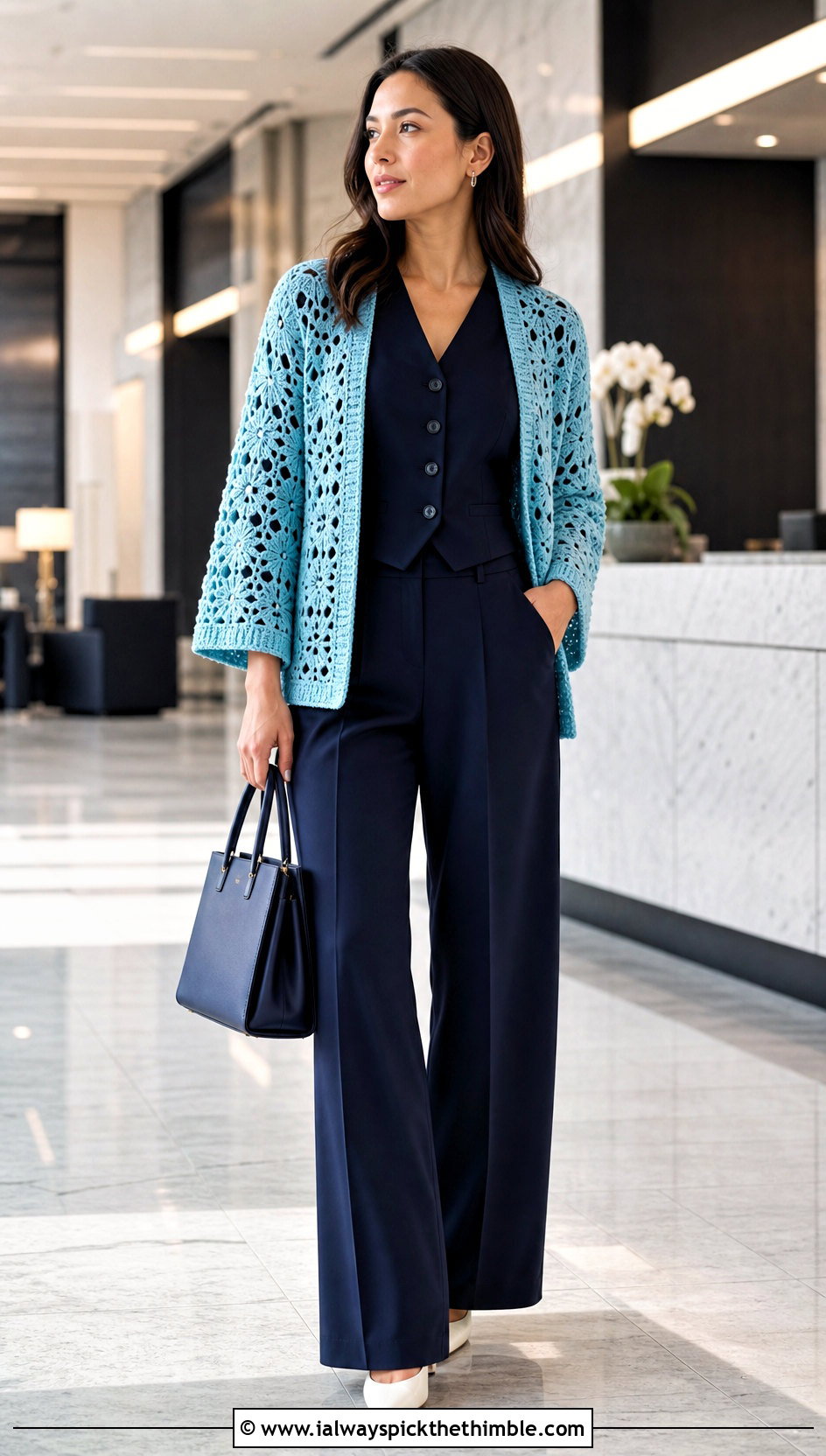 Open Front Granny Square Shrug With Vest And Trousers - 20 Crochet Granny Shrug outfit ideas