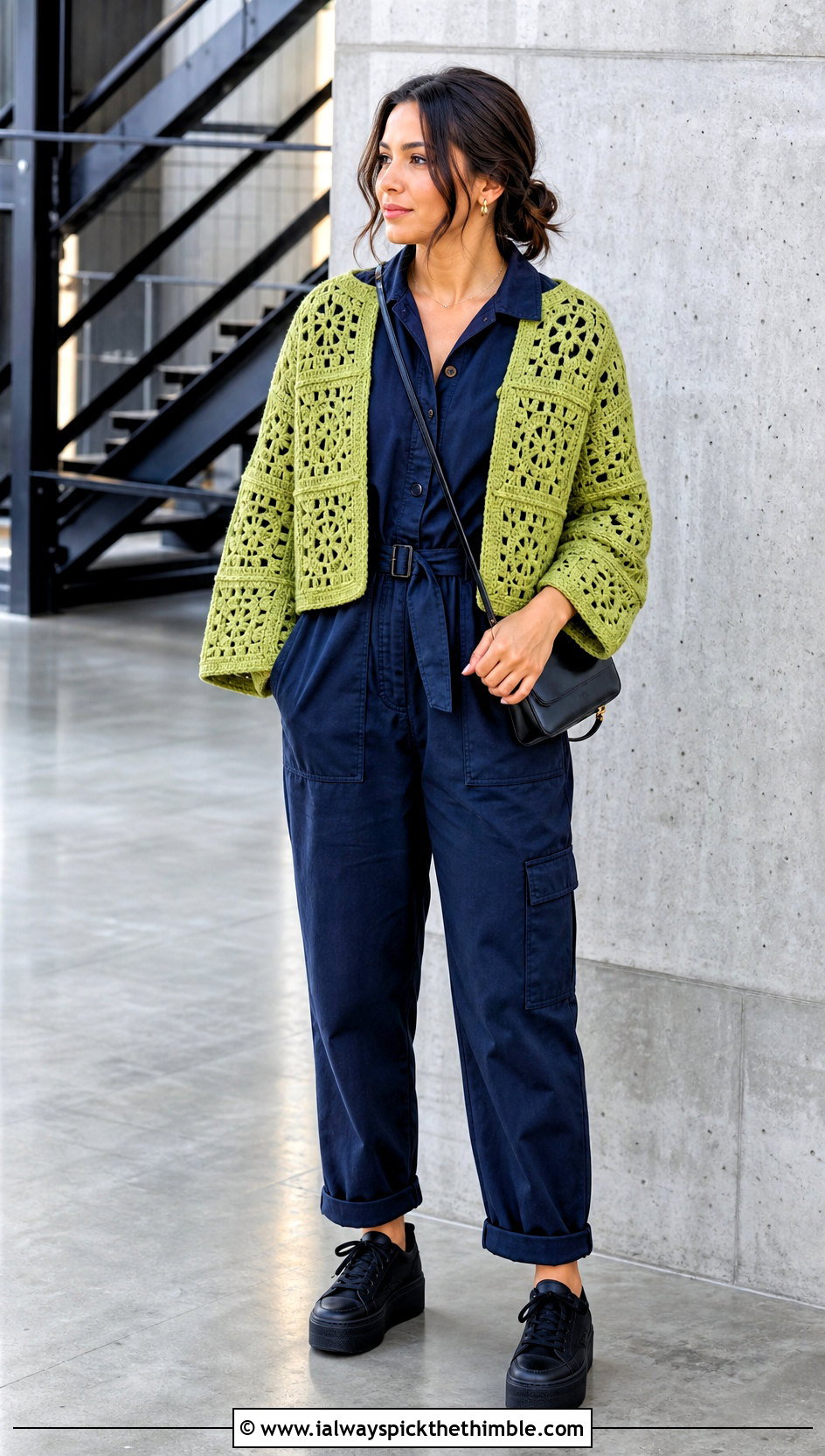 Open Front Granny Square Stitch Cardigan With Utility Jumpsuit - 20 granny square stitch sweater outfit ideas