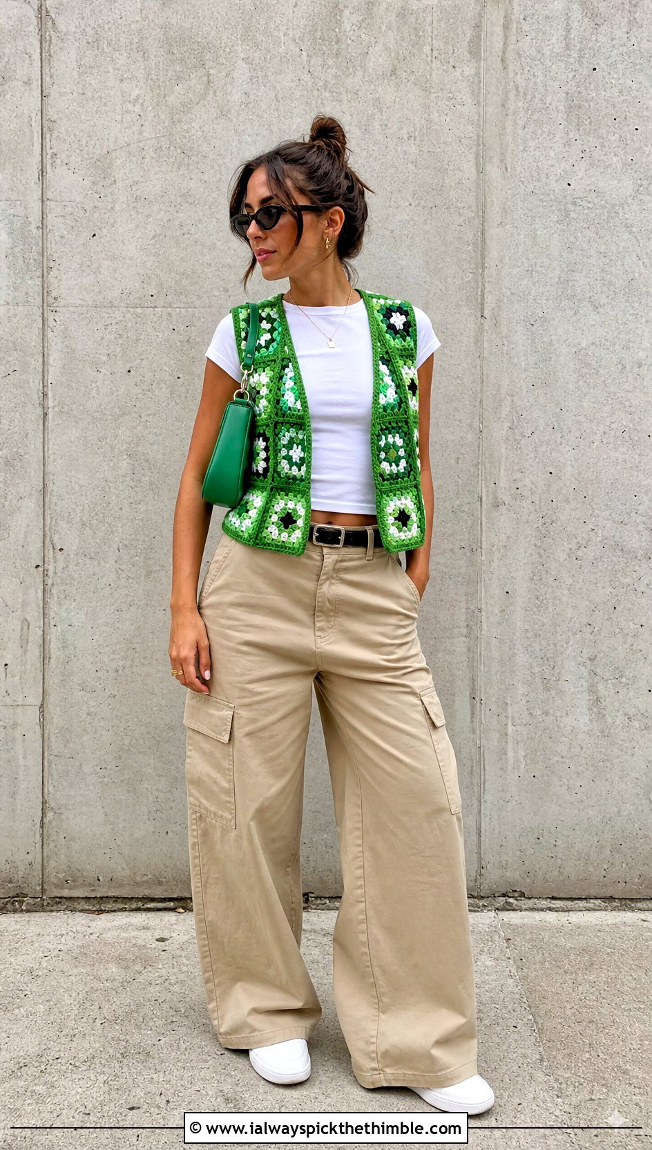 Open Front Granny Square Sweater Vest With Cargo Pants - 25 granny square sweater vest outfit ideas