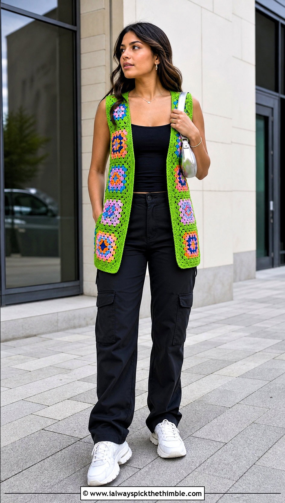 Open Front Granny Square Waistcoat With Cargo Pants - 20 crochet granny square waistcoat outfit ideas