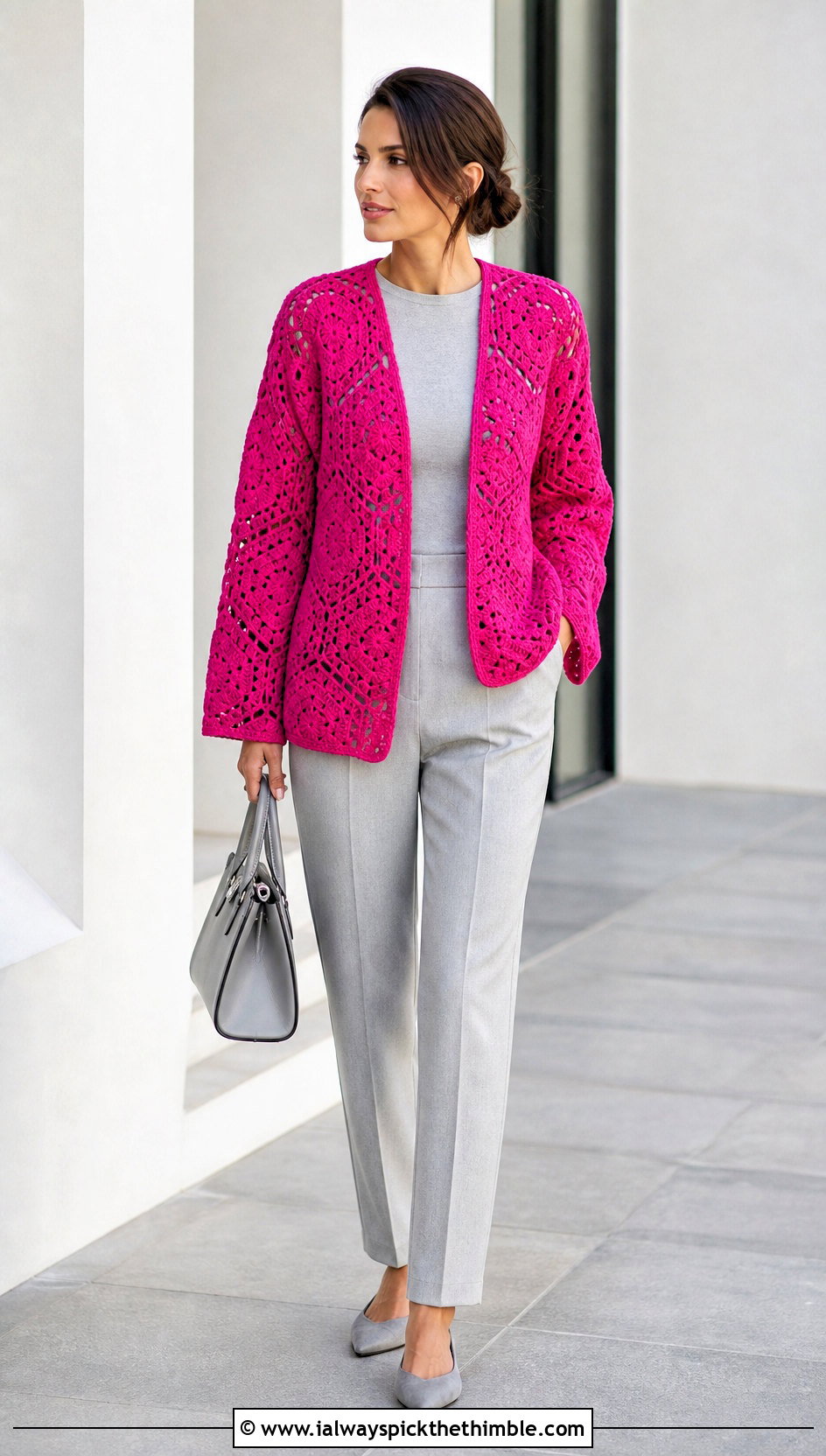 Open Front Hexagon Crochet Cardigan With Monochrome Outfit - 25 hexagon crochet cardigan outfit ideas
