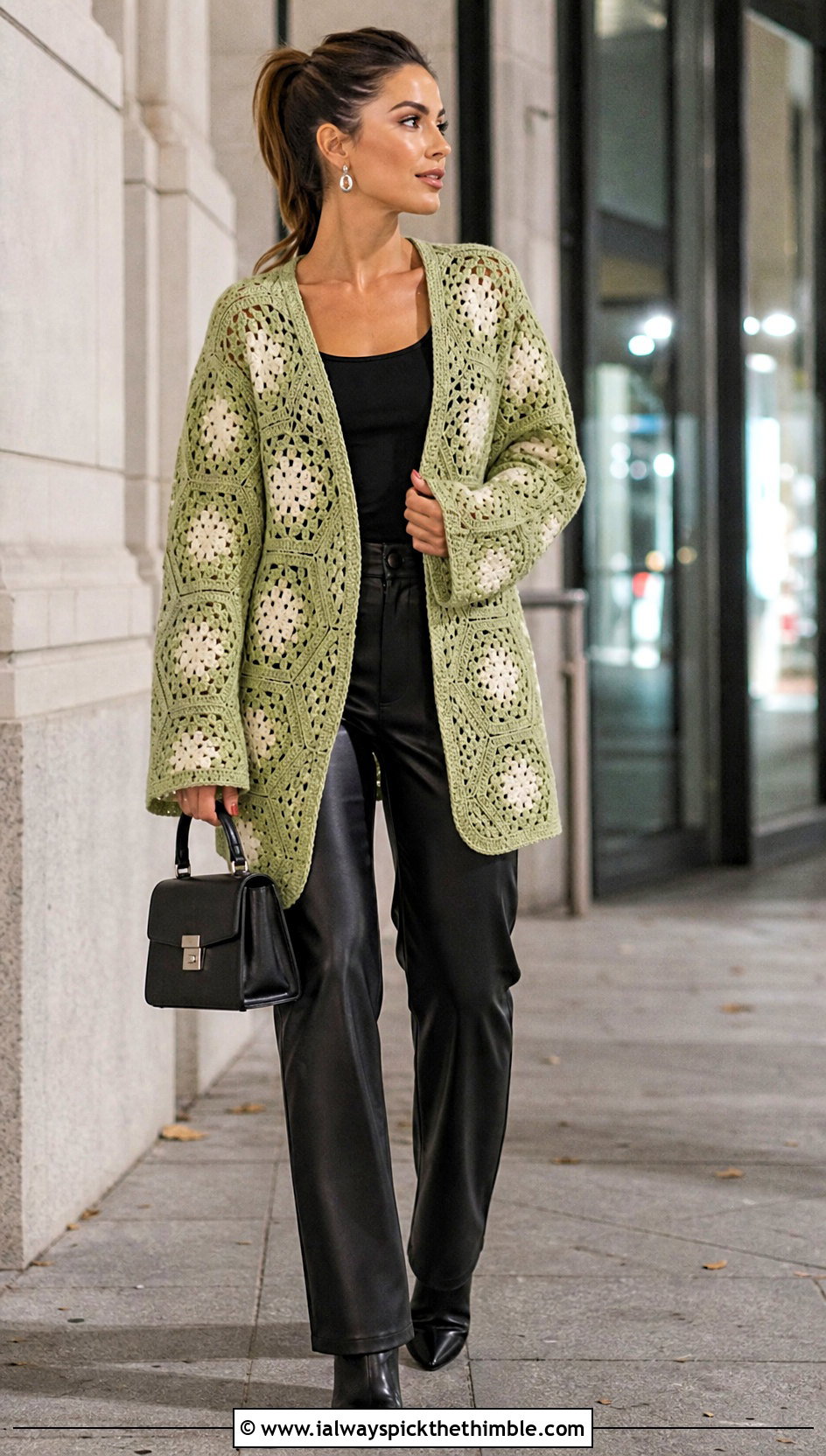 Open Front Hexagon Granny Square Cardigan With Leather Pants - 25 hexagon granny square sweater outfit ideas