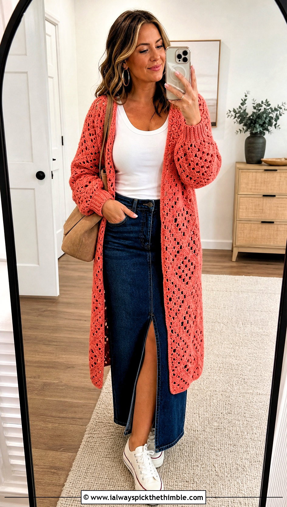 Open Front Hexi Cardi With Denim Maxi Skirt - 25 crochet hexi cardi outfit ideas