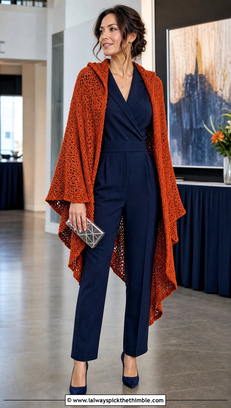 Open Front Hooded Crochet Wrap Cape With Jumpsuit - 20 Hooded Crochet Cape outfit ideas