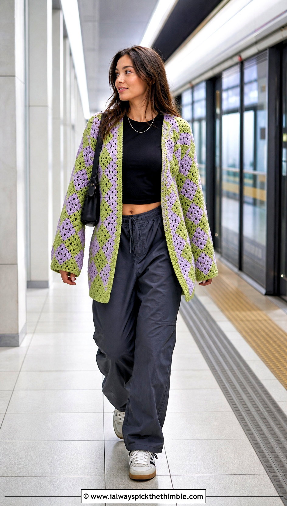Open Front Howl Crochet Cardigan With Parachute Pants - 20 Howl Crochet Cardigan outfit ideas