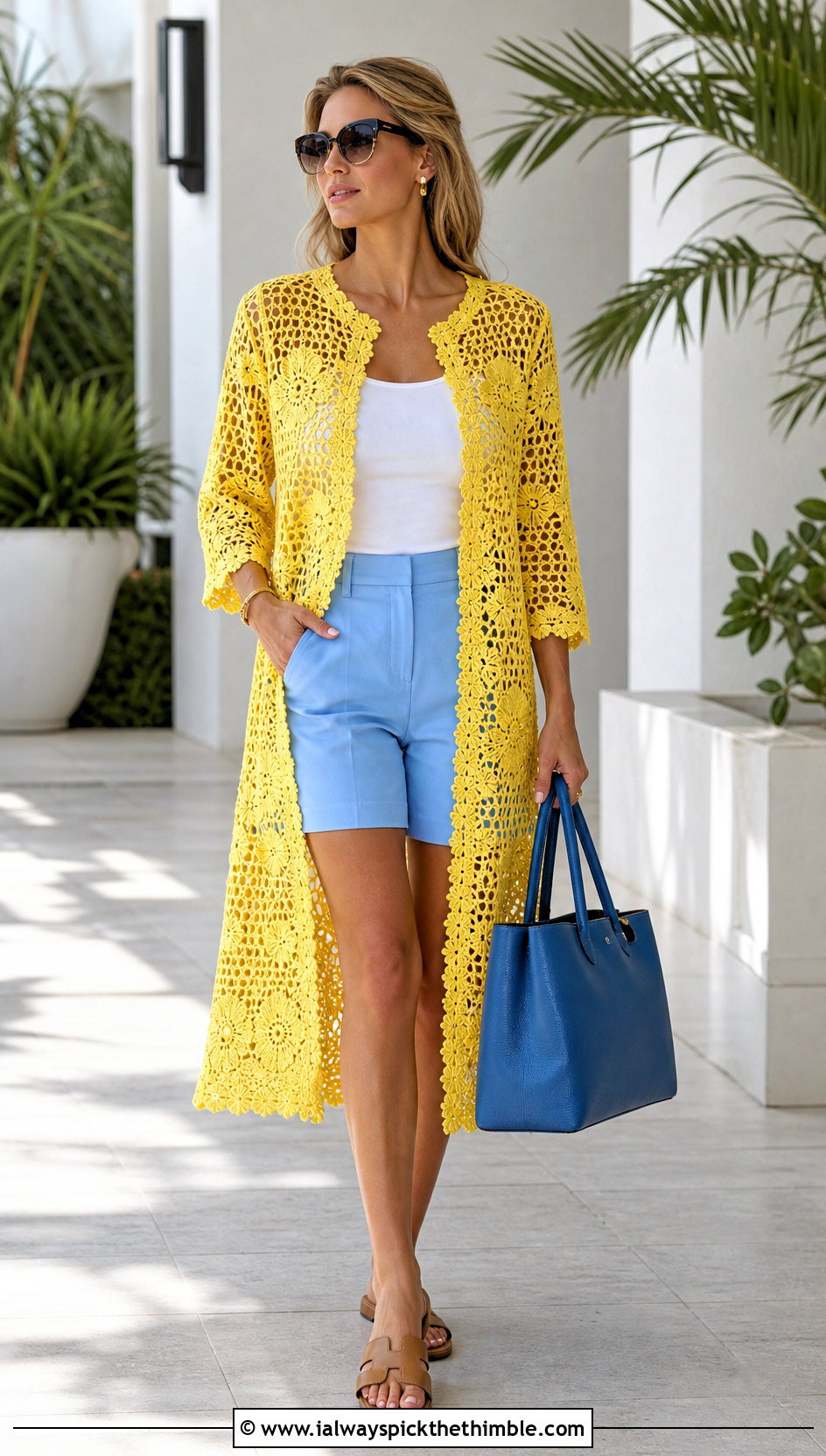 Open Front Irish Crochet Coat With Bermuda Shorts - 20 irish crochet coat outfit ideas