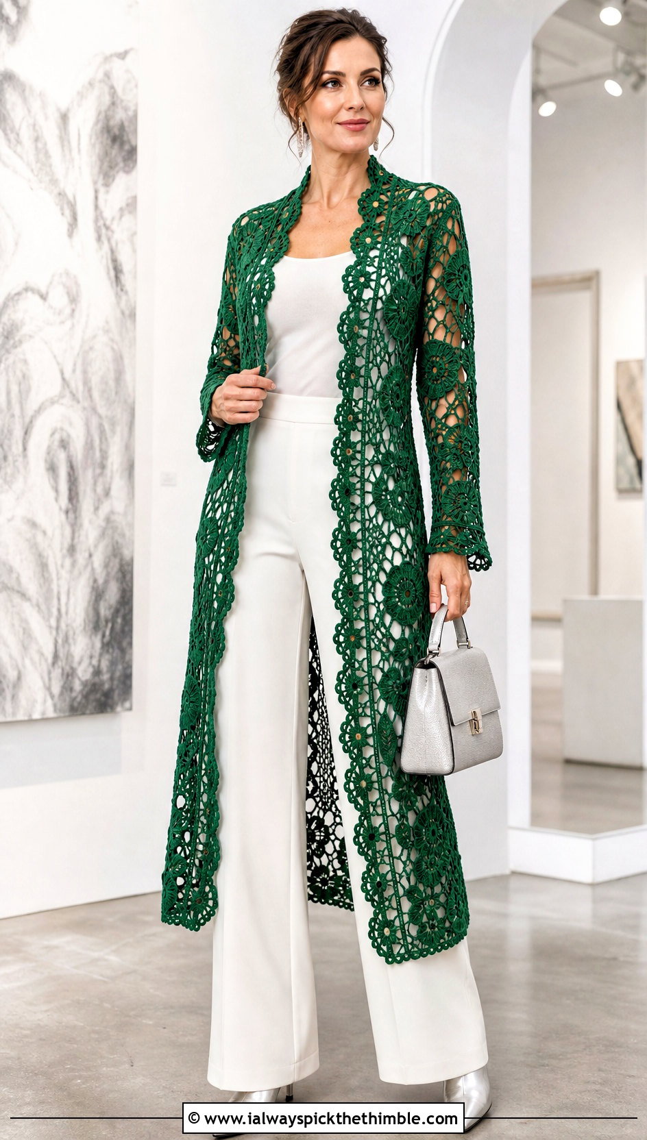 Open Front Irish Crochet Duster Cardigan With Monochrome Separates - 20 Irish Crochet Cardigan outfit ideas
