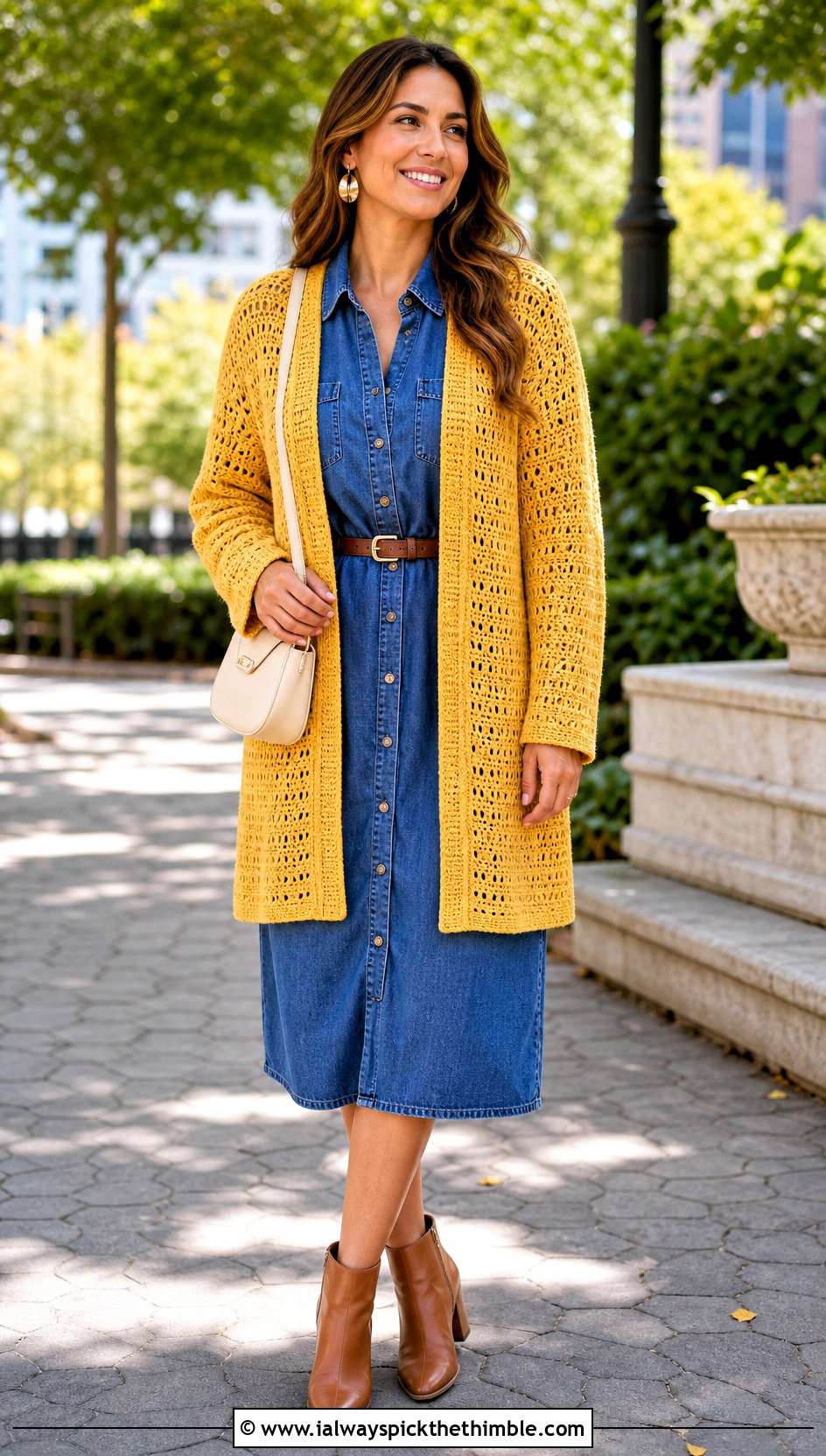 Open Front Knit Look Crochet Cardigan With Denim Dress - 20 Knit Look Crochet Cardigan outfit ideas