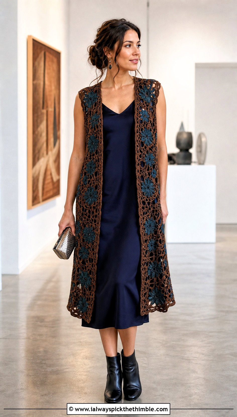 Open Front Lace Brown Crochet Vest With Slip Dress - 15 brown crochet vest outfit ideas