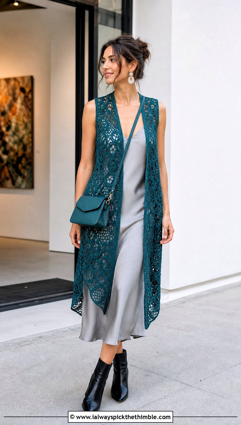 Open Front Lace Crochet Sleeveless Vest With Slip Dress - 25 crochet sleeveless vest outfit ideas