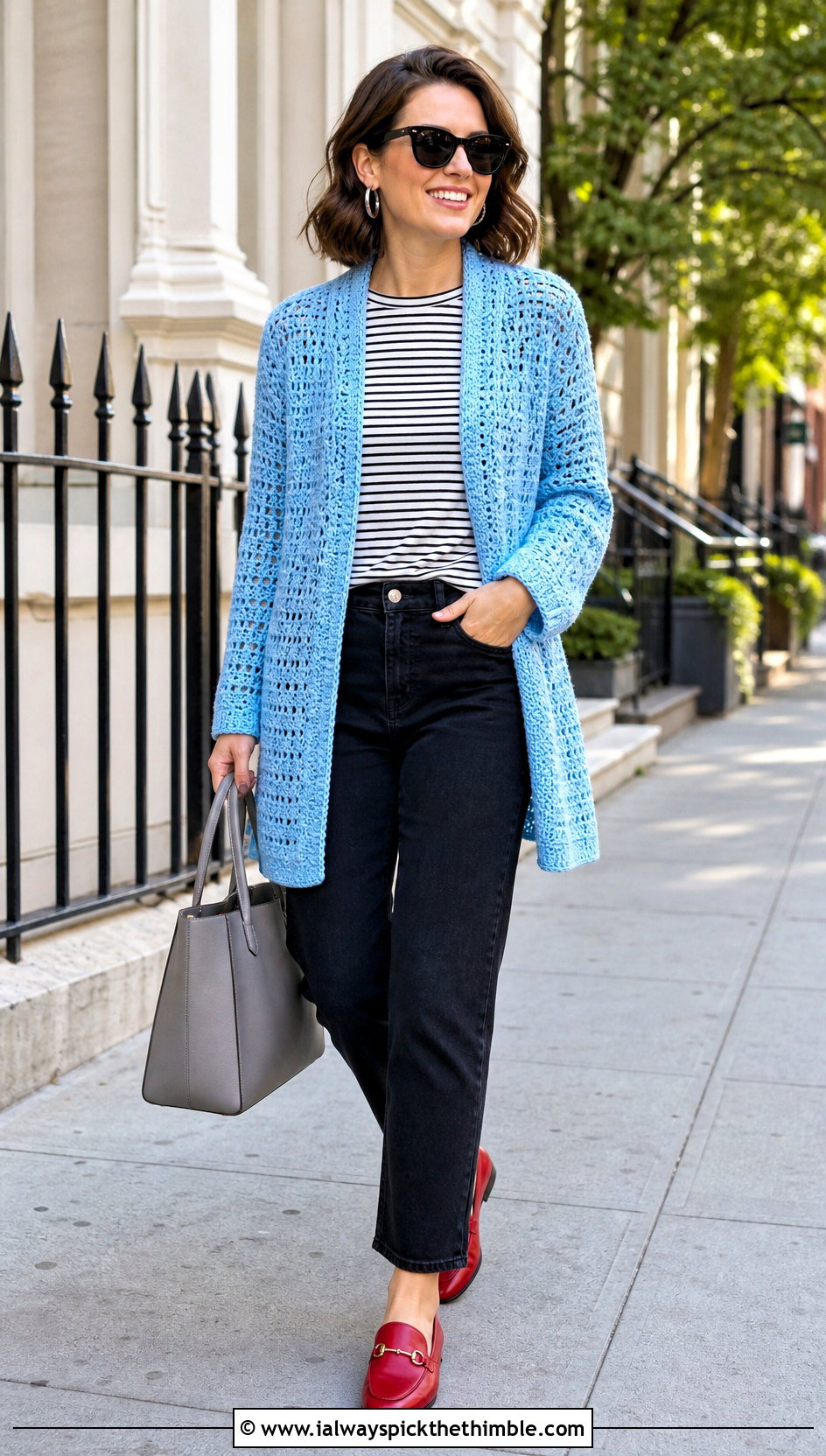 Open Front Light Blue Crochet Cardigan With Black Jeans - 20 light blue crochet cardigan outfit ideas