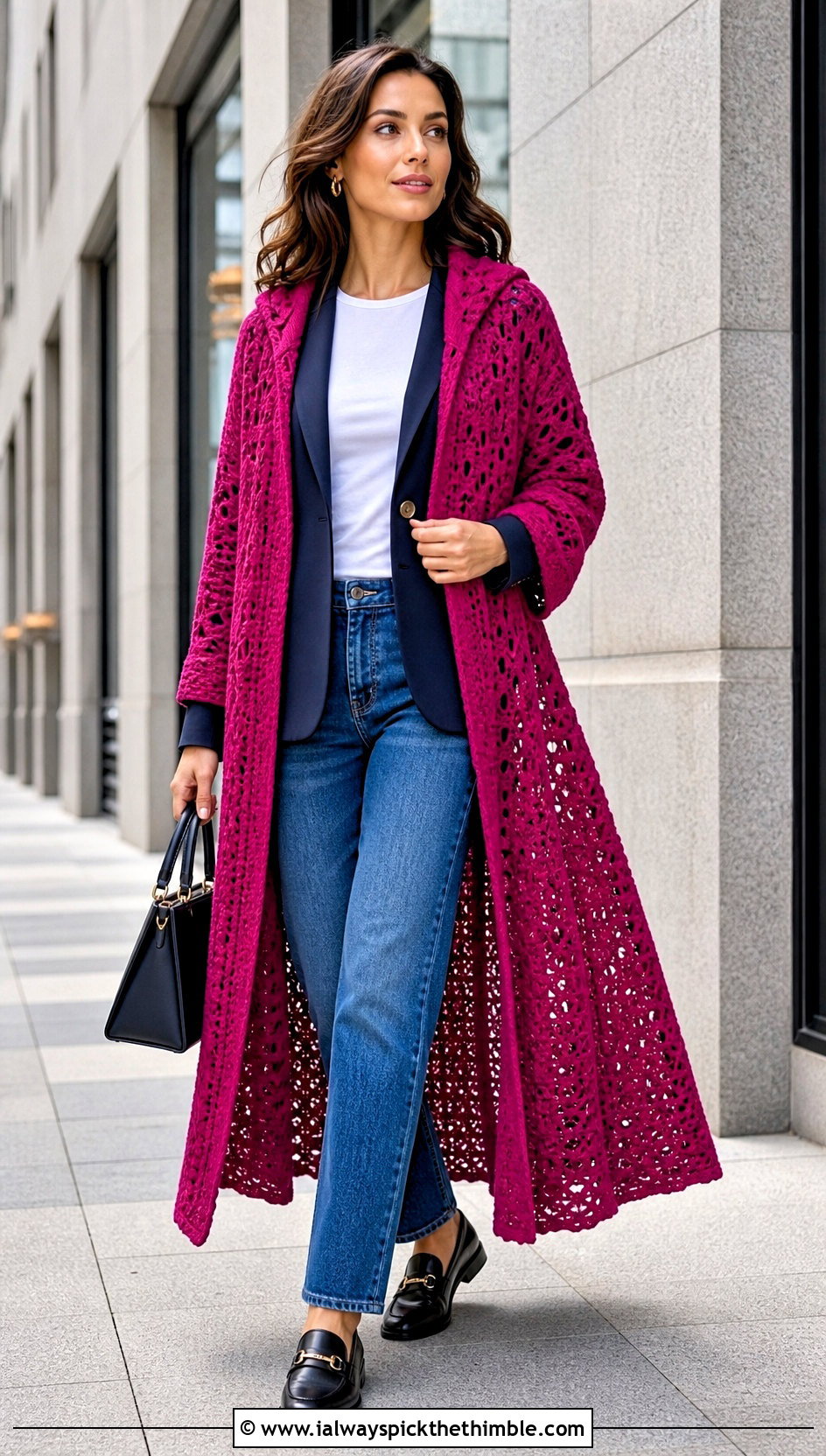 Open Front Long Hooded Crochet Cape With Blazer And Jeans - 20 Long Hooded Crochet Cape outfit ideas