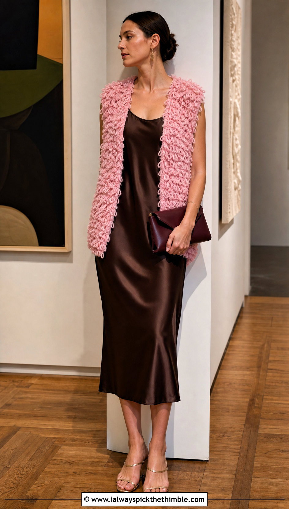 Open Front Loopy Crochet Vest With Satin Slip Dress - 15 loopy crochet vest outfit ideas
