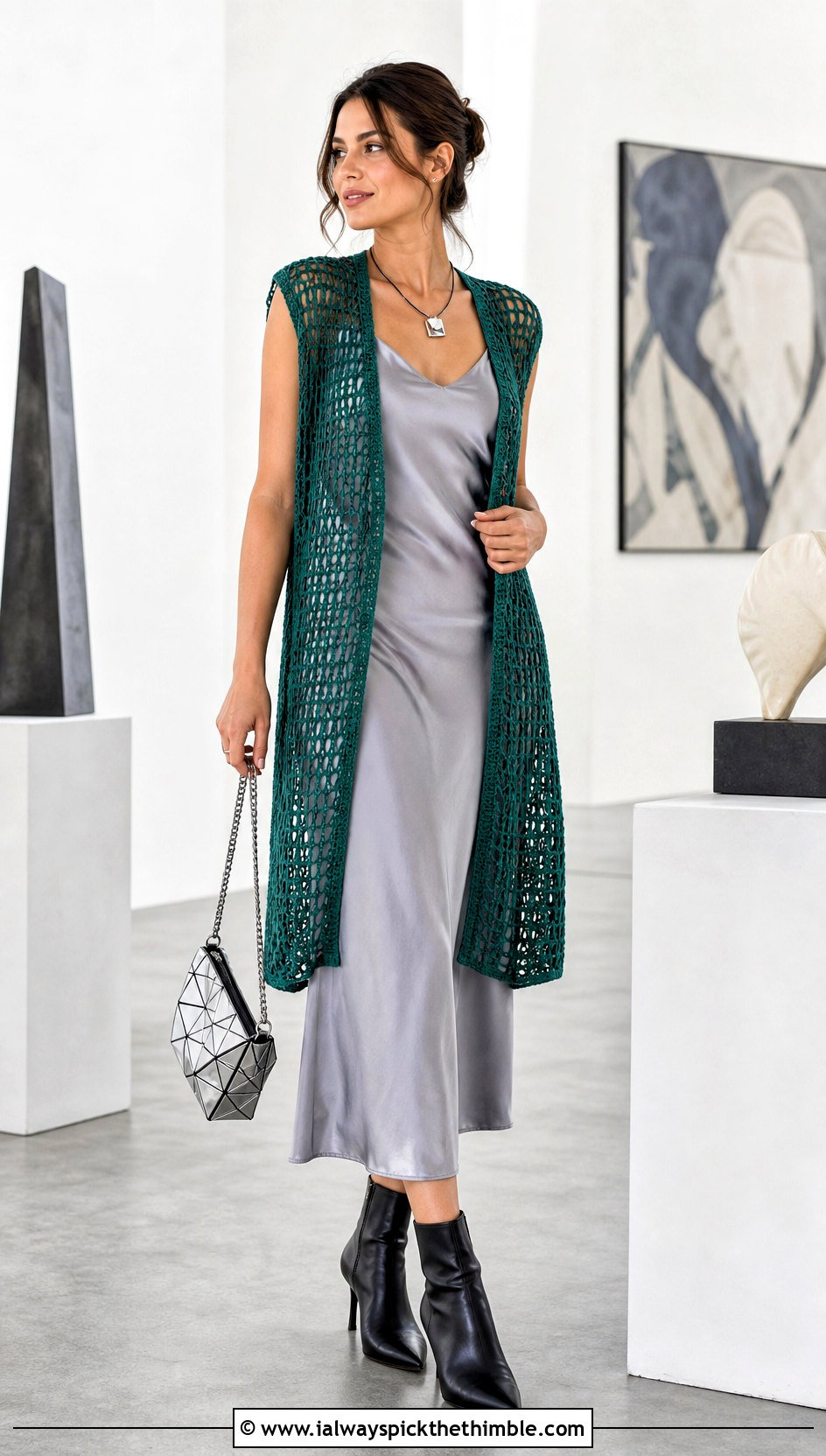 Open Front Mesh Tunisian Crochet Vest With Slip Dress - 20 Tunisian Crochet Vest outfit ideas
