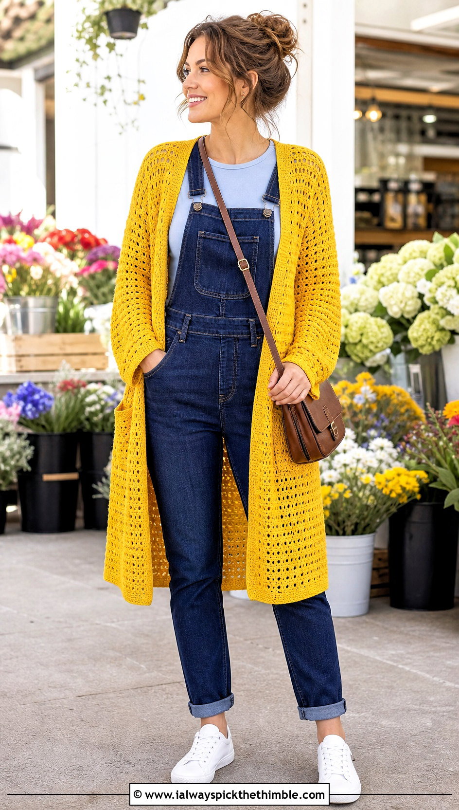Open Front One Piece Crochet Cardigan With Denim Overalls - 25 one piece crochet cardigan outfit ideas