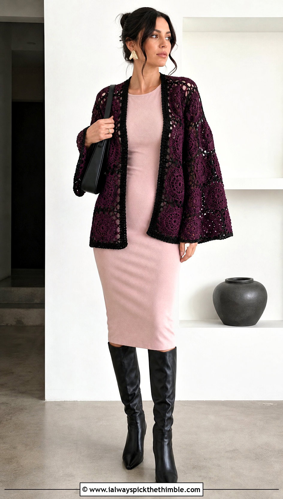 Open Front Pentagon Granny Square Cardigan With Column Dress - 20 Pentagon Granny Square Cardigan outfit ideas