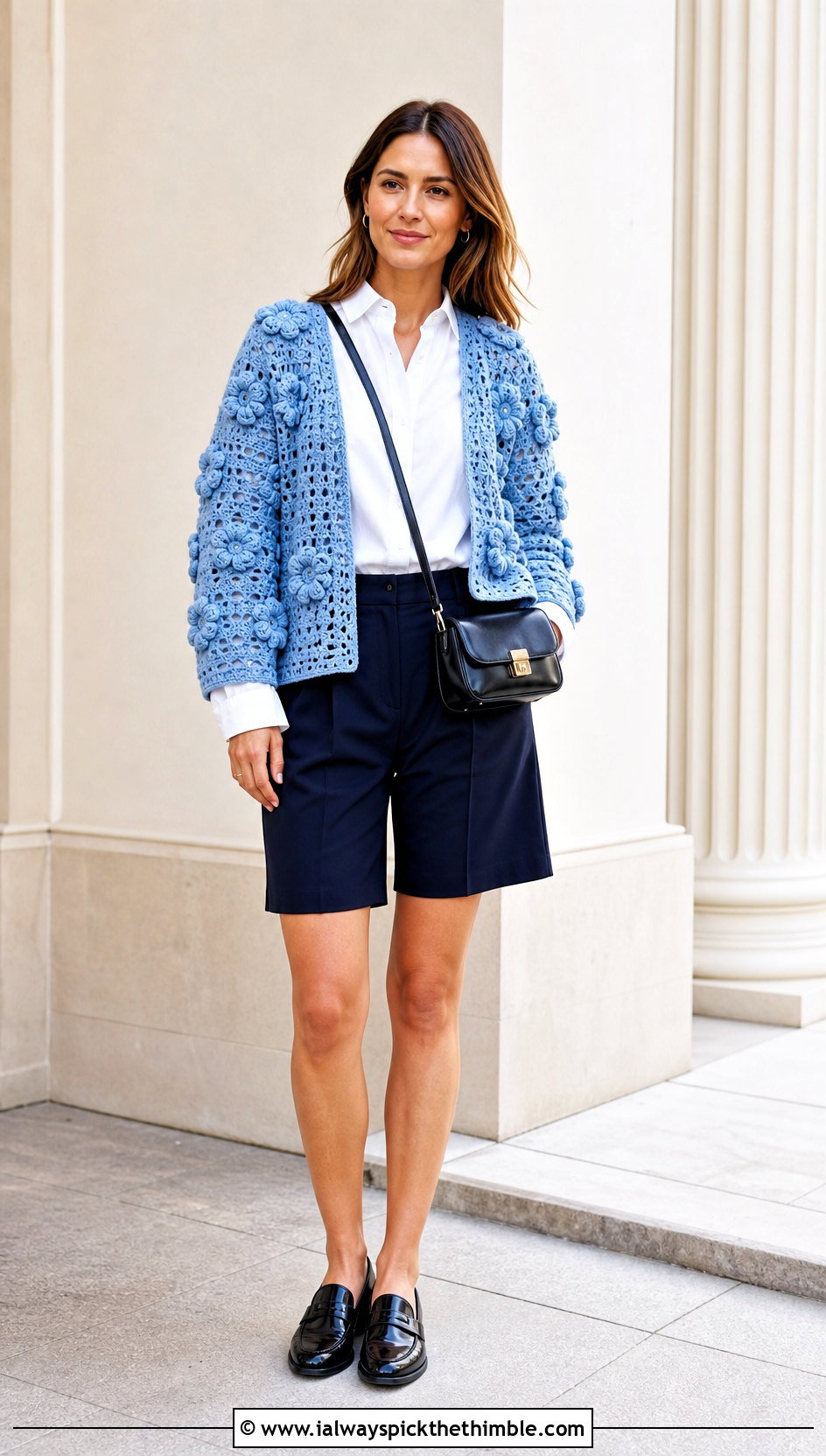 Open Front Puff Flower Crochet Cardigan With Poplin Shirt And Bermuda Shorts - 20 puff flower crochet cardigan outfit ideas