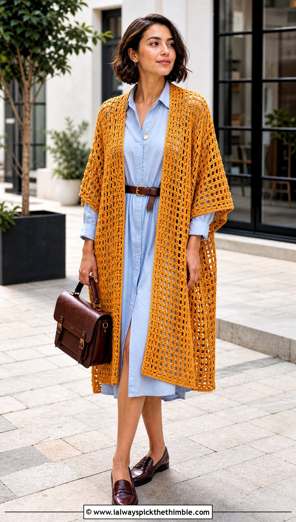 Open Front Rectangle Poncho With Shirt Dress - 20 crochet rectangle poncho outfit ideas