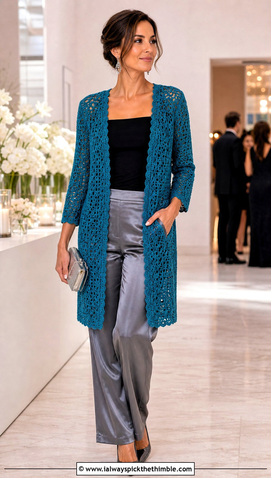 Open Front Rectangle Sweater With Satin Trousers - 15 Crochet Sweater From Rectangle outfit ideas